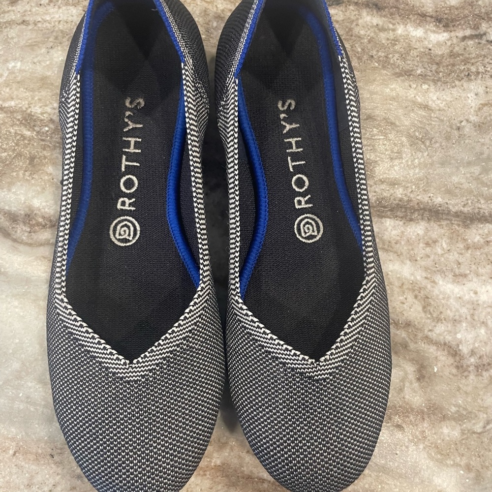 Rothy’s Birdseye Blue Halo round toe slip on ballet flat.